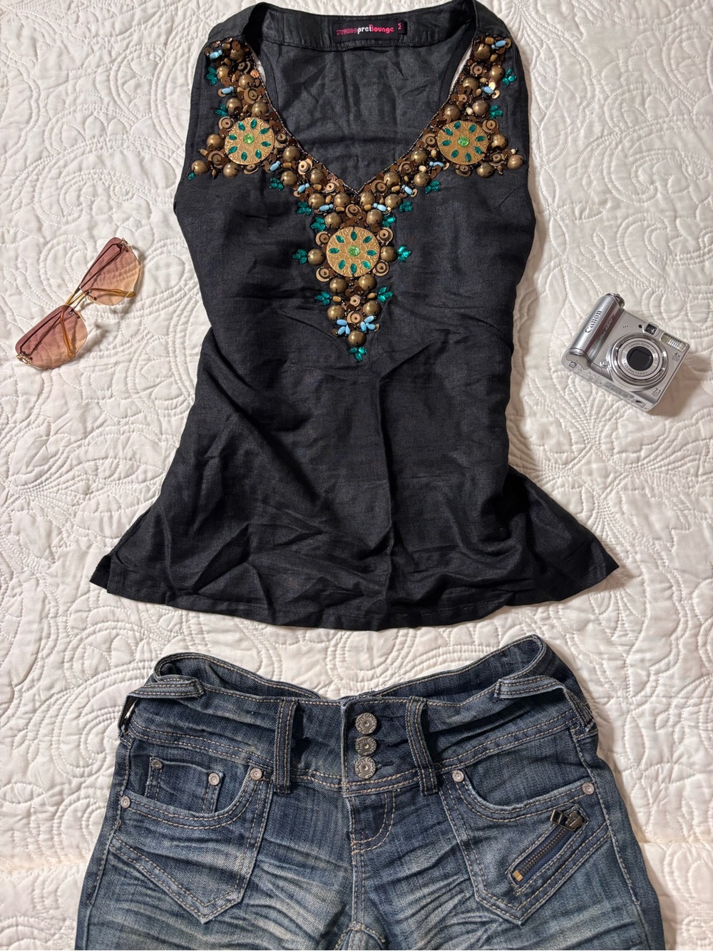Embellished Black V-Neck Beaded Camisole